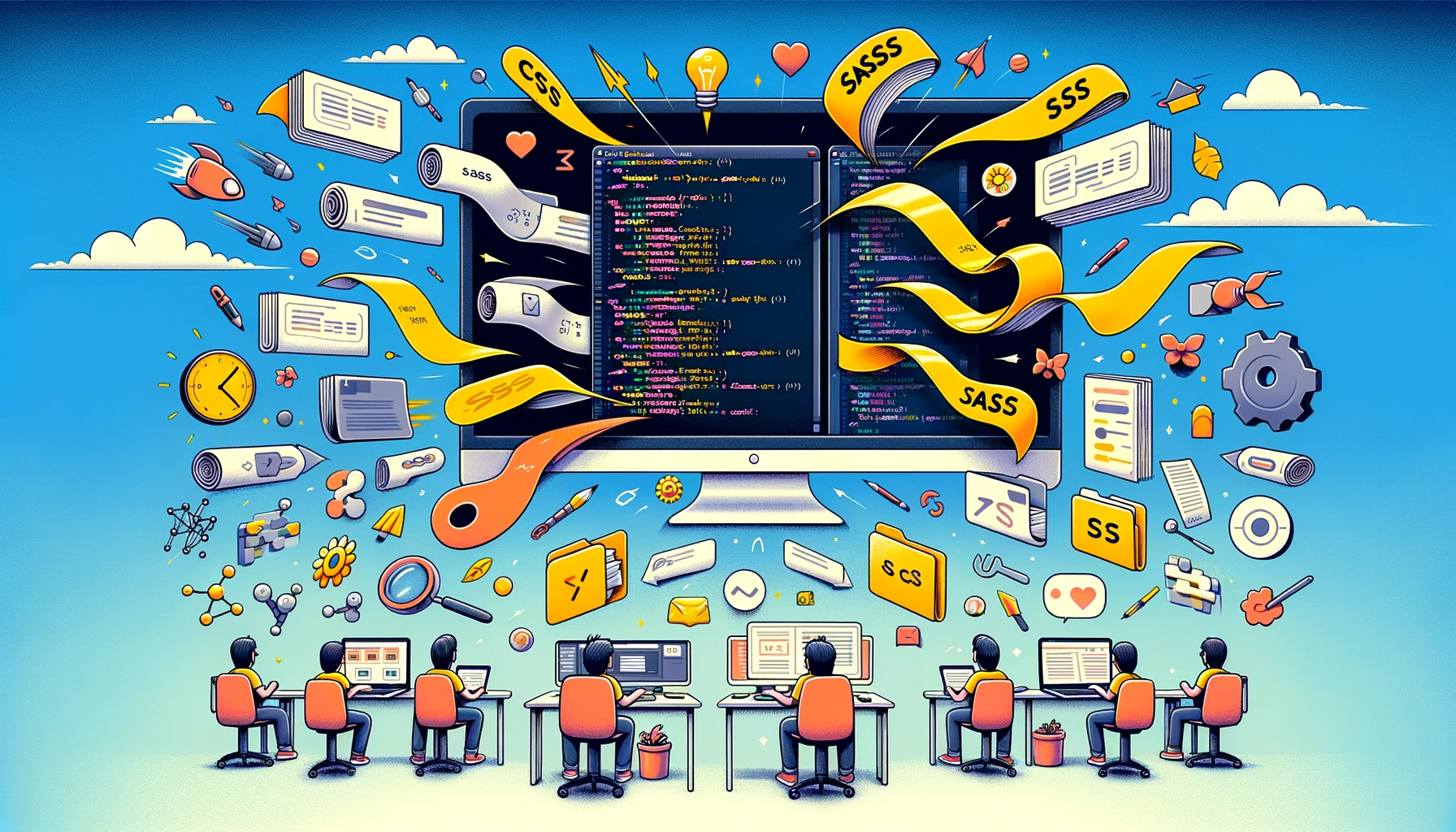 image of css and sass flying out of windows